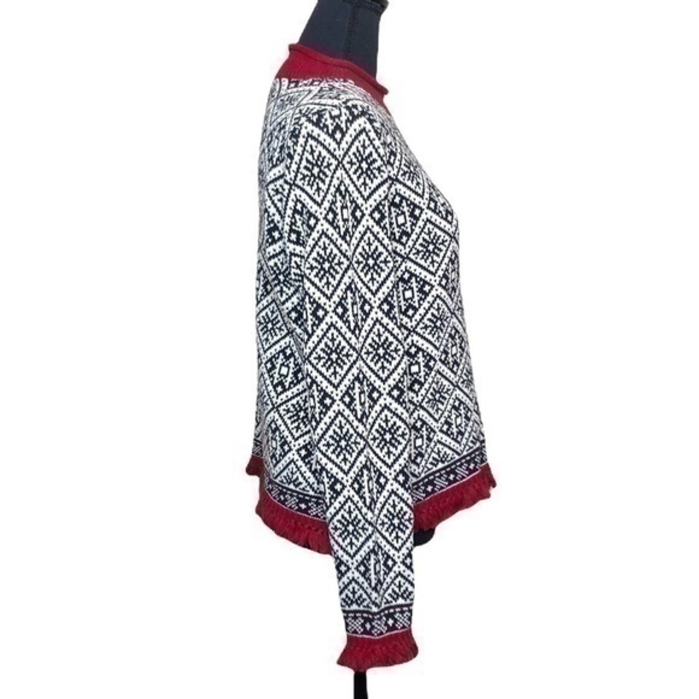 Talbots Black and White Nordic Fair Isle Snowflake Sweater with Red Fringe Small - Picture 5 of 9